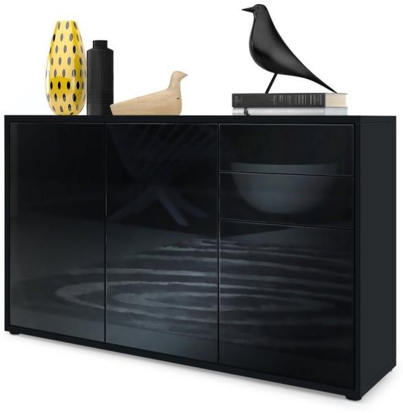 Vladon Sideboard Ben V3, Kommode mit 3 Türen und 2 Schubladen, Schwarz matt/Schwarz Hochglanz (117 x 74 x 36 cm)