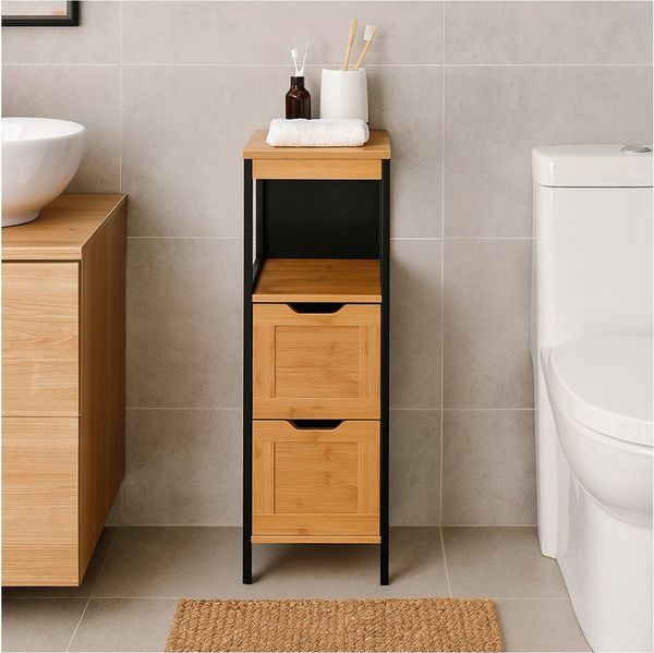 HTI-Living Beistellschrank Badschrank Jerik Schwarz Holzoptik (Stück, 1-St, 1 Badschrank) Beistellschrank Mehrzweckschrank 2 Schubladen