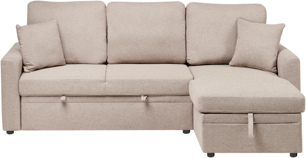 Eckschlafsofa 3-Sitzer NASSJO Kunstleinen Hellbraun mit Stauraum linksseitig