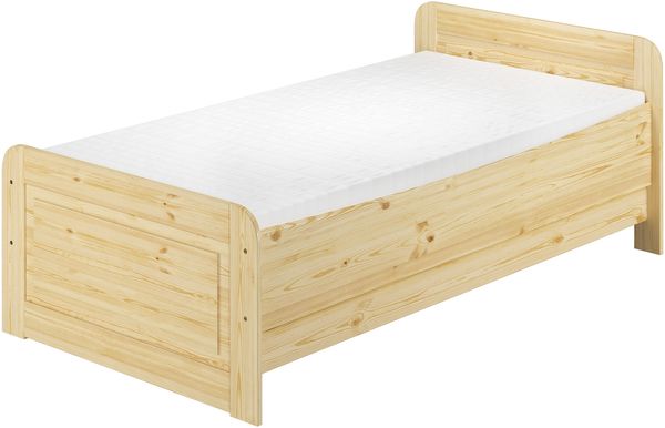 Erst-Holz Einzelbett, Seniorenbett, Massivholz Kiefer, extra hoch, mit Rollrost und Matratze, Überlänge 100x220 cm