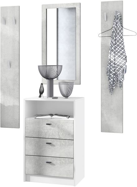 Vladon Garderoben-Set Pino V2, 2 Wandpaneele 140 cm und Anrichte mit 3 Schubladen & 1 offenem Fach, Weiß matt/Beton Oxid Optik (56 x 86,5 x 36 cm)