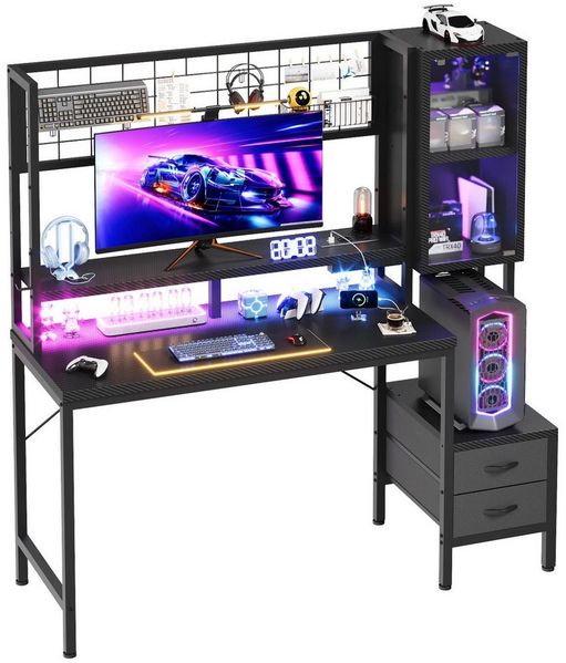 Furnicopia Gamingtisch Gamingtisch Computertisch, Schreibtisch 120/140cm mit LED-Beleuchtung (E-Sport-Tisch Typ I/L mit Monitorhalterung, 2 Schubladen + Glasvitrine, Steckdosen und USB-Anschlüssen, ergonomischer Computertisch, geeignet für Gaming und H...
