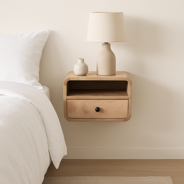 Flieks Schwebenachttisch aus Massivholz mit Schublade & offenem Regal, 30 x 25 x 25cm, Braun