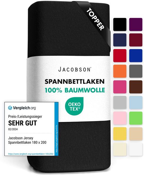 Jacobson Jersey Spannbettlaken Spannbetttuch Baumwolle Bettlaken (Topper 90-100x200 cm, Schwarz)