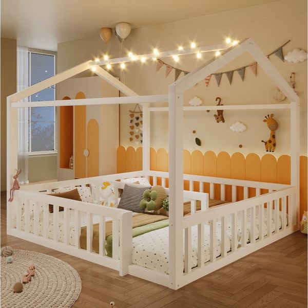 MODFU Kinderbett 90x190 cm oder 180x190 cm kombinierbar, Flachbett mit Rundum-Gitter (Doppelbett Holzbett mit LED-Beleuchtung und klarer Linienführung, Funktionsbett 90x190 cm*2/180x190 cm), ohne Matratze
