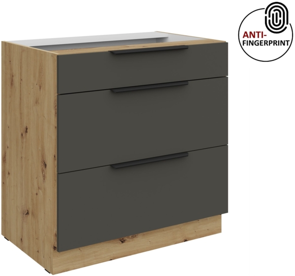 Küchen Unterschrank 80 cm Küche ARIA Graphite ultra matt + Eiche Artisan matt, hochwertige Fronten mit Anti Fingerprint Beschichtung, Soft-Close Küchenzeile Küchenblock