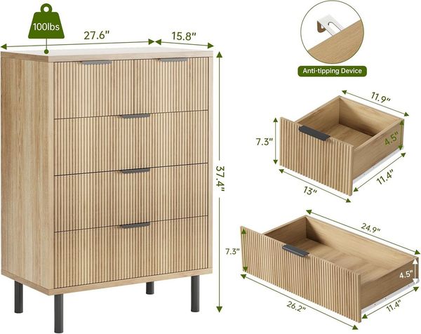GarveeMore Kommode mit 5 Schubladen und Metallbeinen für Schlafzimmer,Holzmaserung, Holzkommode mit Stauraum und Kippschutzvorrichtung,70x40x95cm