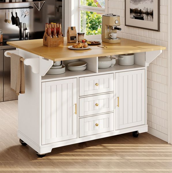 Kücheninsel 120 x 40 x 95 cm, ausklappbar auf 120x80 cm – Küchenwagen mit 3 Schubladen, 2 Türen und Rollen