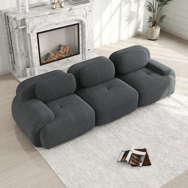 Ball & Cast Cord Sofa, Boneless Couch mit Ottomane, Ohne Montage, Sofa Modular mit Polsterung für Wohnzimmer, Schlafzimmer, Grau, 3 Sitze
