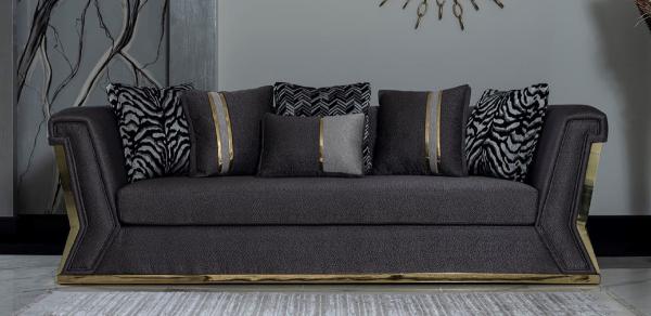 Casa Padrino Luxus Sofa Dunkelgrau / Gold - Elegantes Wohnzimmer Sofa mit dekorativen Kissen - Luxus Wohnzimmer Möbel