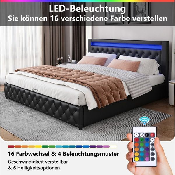 STILVORA Polsterbett Funktionsbett 180x200 mit Stauraum,Doppelbett Jugendbett mit LED (mit Matratz, 1-tlg), Funktionsbett mit Lattenrost und Stauraum,Mit LED-Beleuchtung