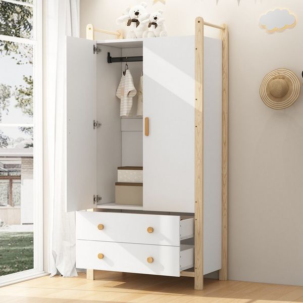 REDOM Kleiderschrank 2-türiger Schrank mit Kiefernholzrahmen (Flurgarderobe, Highboard, 1-St, mit Kleiderstange, 2 Schubladen) 2-türiger Lagerschrank
