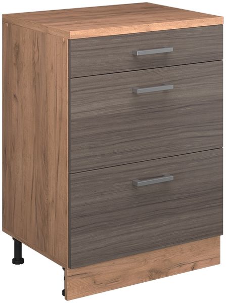 Küchenschrank für Dachschrägen R-Line Edelgrau 60 cm ohne Schräge mit 3 Schubladen Vicco