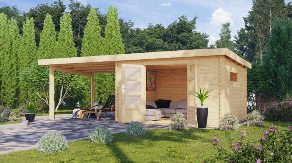 Blockbohlengartenhaus Trittau 5 - 669x297 cm mit Anbaudach 3,30 m, 38 mm Holz naturbelassen, Karibu