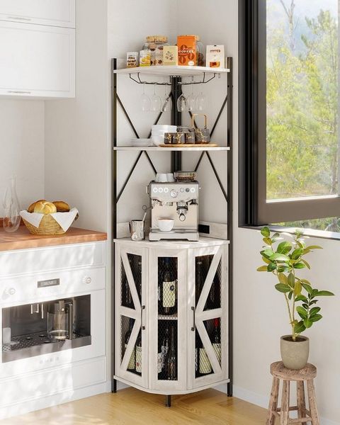 GarveeMore Eckschrank mit 5 Ebenen,Robuster pflegeleichter MDF-Barschrank für Wohnzimmer Barschrank Mit Steckdose, LED-Beleuchtung & Glashalter für Wohnzimmer