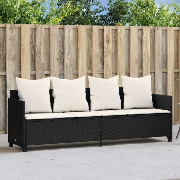 Sonnenliege, Gartenliege mit Kissen Schwarz Poly Rattan