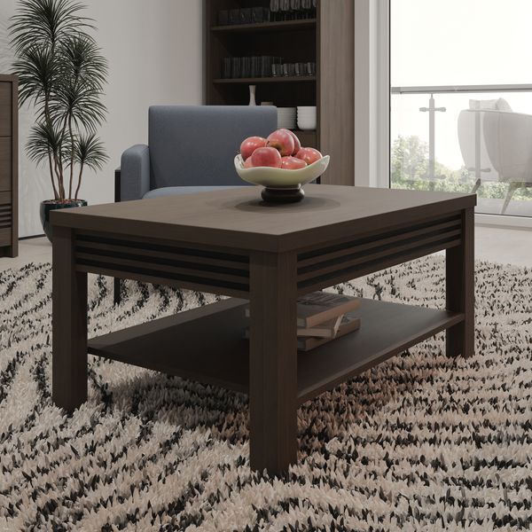 Forte EUFEMIUS Couchtisch 90, moderner Couchtisch mit dekorativer Fräsung, Dunkelbraun|Schwarz Eiche Holzdekor, 90 cm breit x 46,5 cm hoch x 60 cm tief