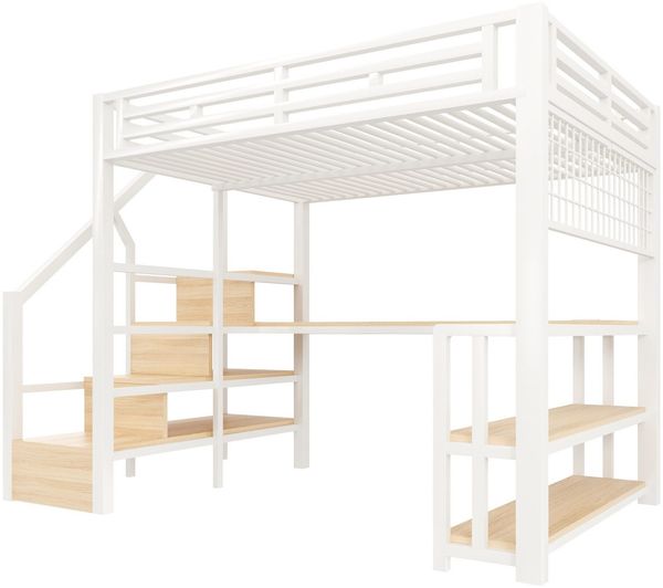 Hochbett mit RGB LED-Streifen, Schreibtisch, Treppe, Regal, Wandgitter, USB, Type-C, 140x200cm, Kinderbett, Metallbett Bild 8