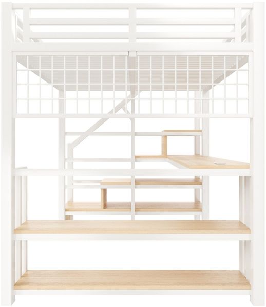 Hochbett mit RGB LED-Streifen, Schreibtisch, Treppe, Regal, Wandgitter, USB, Type-C, 140x200cm, Kinderbett, Metallbett Bild 10