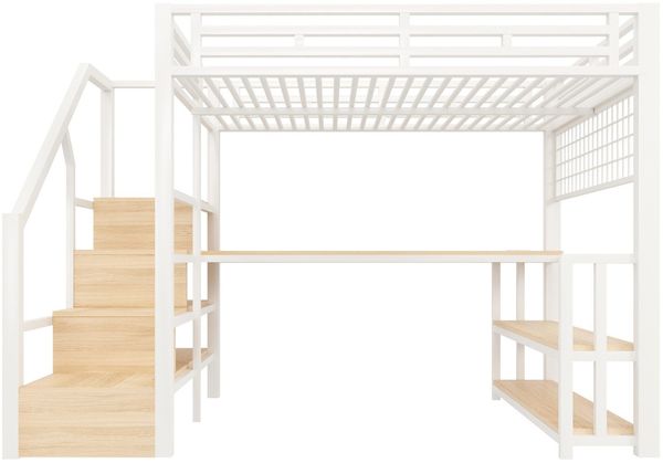 Hochbett mit RGB LED-Streifen, Schreibtisch, Treppe, Regal, Wandgitter, USB, Type-C, 140x200cm, Kinderbett, Metallbett Bild 7