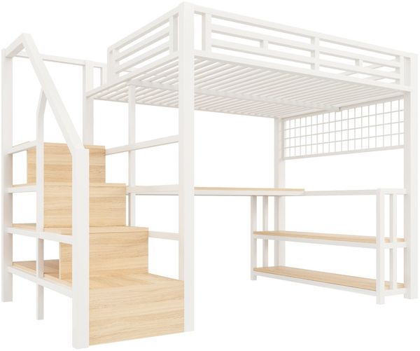 Hochbett mit RGB LED-Streifen, Schreibtisch, Treppe, Regal, Wandgitter, USB, Type-C, 140x200cm, Kinderbett, Metallbett Bild 9