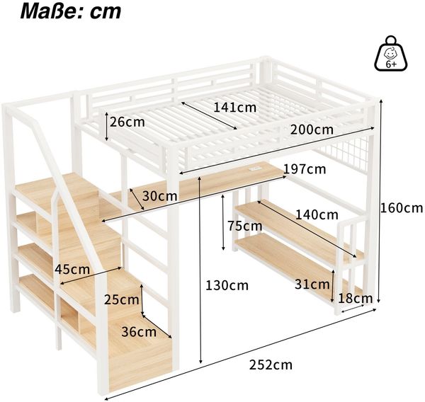 Hochbett mit RGB LED-Streifen, Schreibtisch, Treppe, Regal, Wandgitter, USB, Type-C, 140x200cm, Kinderbett, Metallbett Bild 6