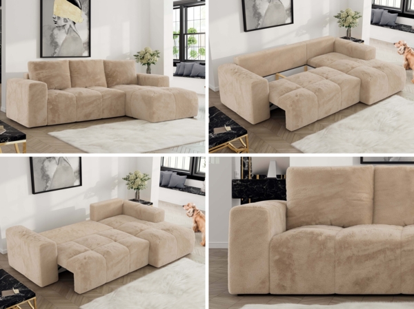 Ecksofa mit Schlaffunktion und Bettkasten, L-form Couch, lose Kissen, Polstersofa - MONIVA - Beige Plüsch - rechte Seite Bild 2