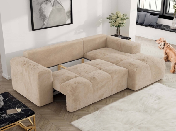 Ecksofa mit Schlaffunktion und Bettkasten, L-form Couch, lose Kissen, Polstersofa - MONIVA - Beige Plüsch - rechte Seite Bild 5