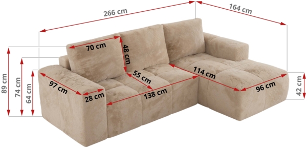 Ecksofa mit Schlaffunktion und Bettkasten, L-form Couch, lose Kissen, Polstersofa - MONIVA - Beige Plüsch - rechte Seite Bild 7
