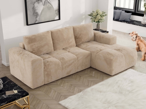 Ecksofa mit Schlaffunktion und Bettkasten, L-form Couch, lose Kissen, Polstersofa - MONIVA - Beige Plüsch - rechte Seite Bild 3