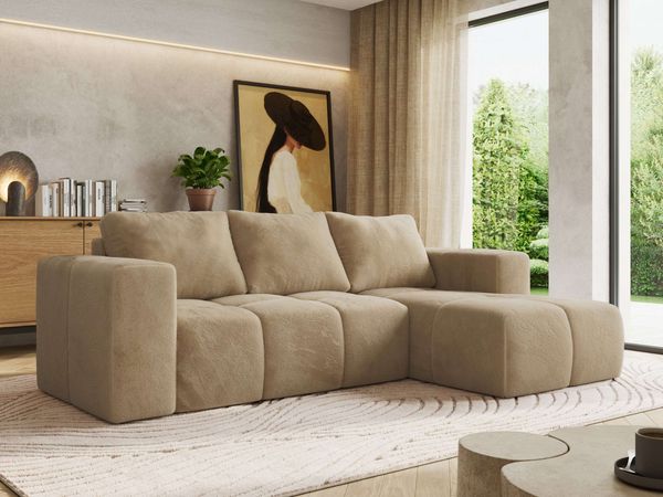 Ecksofa mit Schlaffunktion und Bettkasten, L-form Couch, lose Kissen, Polstersofa - MONIVA - Beige Plüsch - rechte Seite