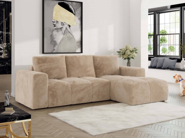 Ecksofa mit Schlaffunktion und Bettkasten, L-form Couch, lose Kissen, Polstersofa - MONIVA - Beige Plüsch - rechte Seite Bild 1