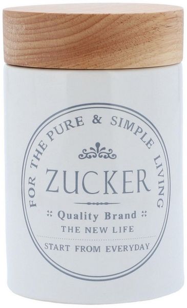 KHG Vorratsdose für Zucker aus Steinzeug mit Akazienholz‑Deckel – im Landhausstil, Steingut, Aufbewahrungsdose für Zucker, schützt Aroma da luftdicht verschließbar