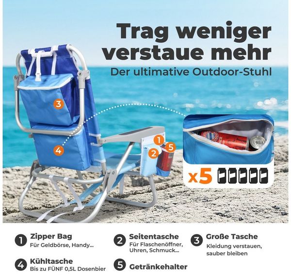 HOMECALL Klappstuhl Strandstuhl Leicht Klappbar Camping, 5-fach verstellbare Rückenlehne (Bis150KG Aluminiumrahmen, groBe Kuhitasche und Aufbewahrungstasche, 2 St), Seitentaschen, Kopfstütze, Schultergurten, Handtuchhalter Bild 3