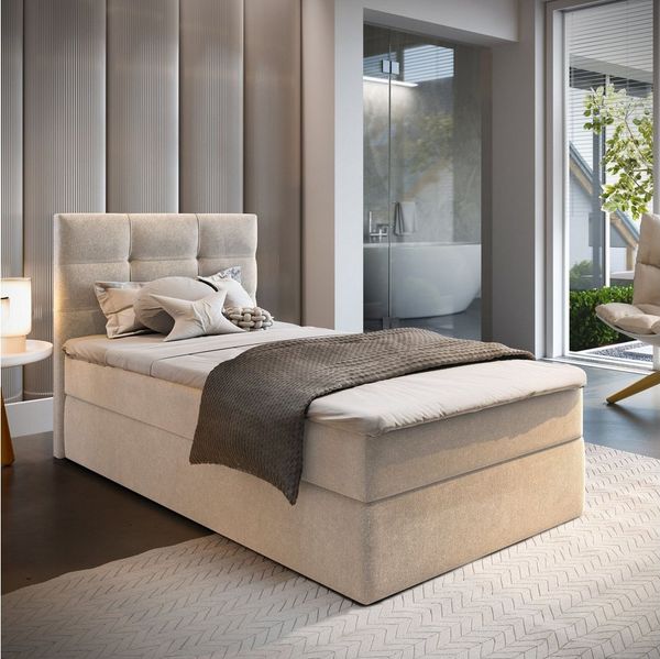 Masseno Boxbett GLOS 100x200 cm mit Bonell Matratze und Topper, Einzelbett, Jugendbett, Polsterbett mit Kopfteil, Boxspringbett