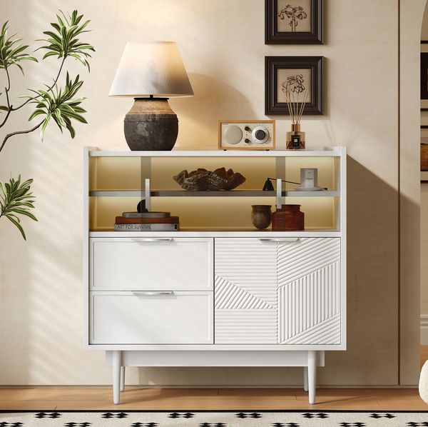 Aufbewahrungsschrank 80 cm breit aus MDF in Weiß mit Glasschiebetüren, Schublade und LED-Lichtleiste