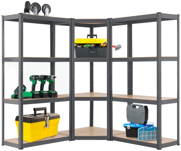 Juskys 3er Metall Regalsystem Easy | 1 Eckregal & 2 Schwerlastregale | 12 MDF Holz Böden | 960 kg | verzinkt | Stecksystem | Schwerlastregal Steckregal | Grau