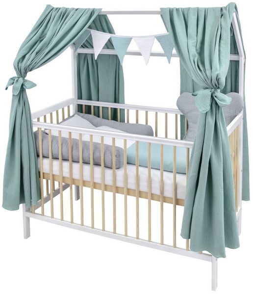 Baby-Delux Komplettbett Hausbett Babybett Komplettset Waffelpique Musselin, 12-tlg, Kinderbett 60x120 cm weiß Natur, Bettset verschiedene Designs
