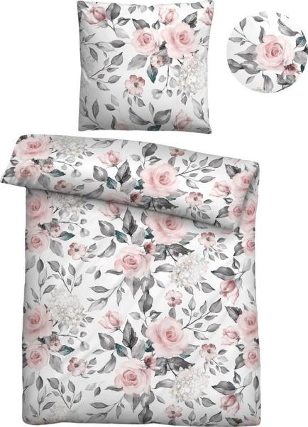 Traumhaft Schlafen  Castell  Markenbettwäsche 0603719 Baumwoll Satin Bettwäsche ROSEN, silber/grau, 1x 155x220 cm + 1x 80x80 cm