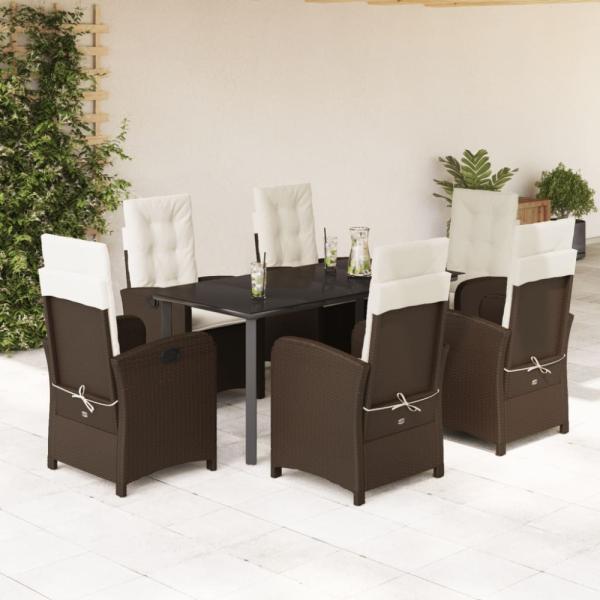 vidaXL 7-tlg. Garten-Essgruppe mit Kissen Braun Poly Rattan 3212345