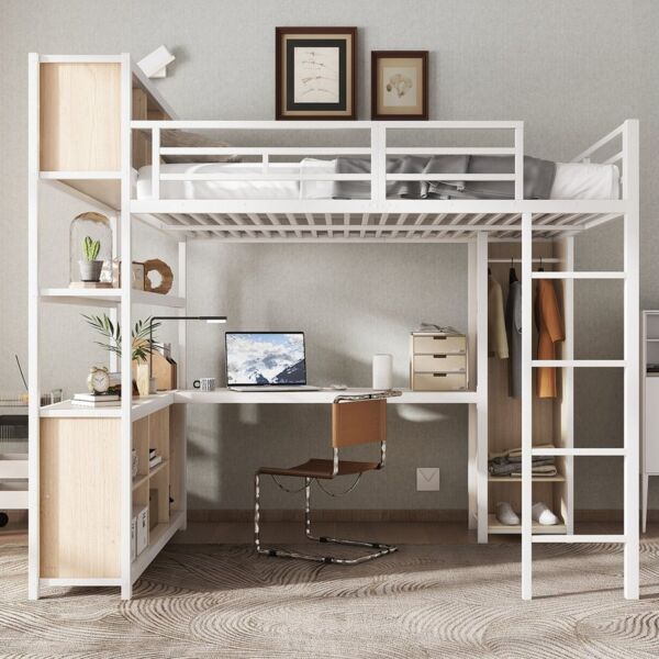 STILVORA Hochbett 140x200 mit Schreibtisch,Jugendbett Eisenbett mit Kleiderschrank