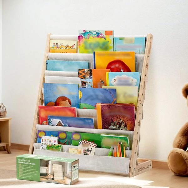 COSYLAND Holz Kinder Bücherregal - Kinder-Bücherregal Display Rack 6 Schichten Stoff Kleinkind Bücherregal Geeignet für Kinderzimmer und Kinderzimmer (24,8 Zoll, Kieferngelb)