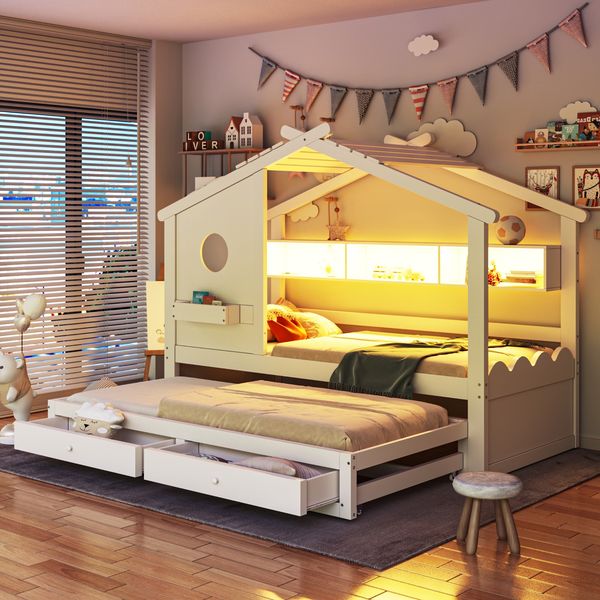 Kinderbett 90*200, mit Ausziehbett 90*190, Hausförmiges Design,mit zwei Schubladen,mit USB- und Typ-C-Ladeanschlüssen und LED, mit Einlegeböden,Multifunktionsbett,Weiß