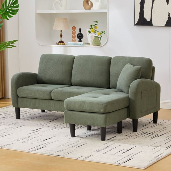 Sofa 166x118x77 cm, Sitzfläche 166x118x77 cm, Grün, Cordstoff, modular mit Chaiselongue