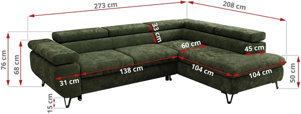 MKS Möbel 'Pablo L-Form' Ecksofa mit Schlaffunktion, verstellbare Kopfstützen, Dunkelgrün, Schenille glatt, T25 Topper, Rechts Bild 6