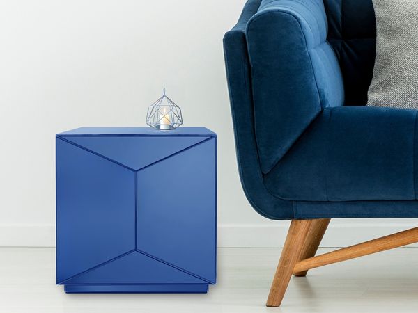 Kleiner Würfel Beistelltisch NIVA mit Spiegelglas Blau, Höhe 40cm