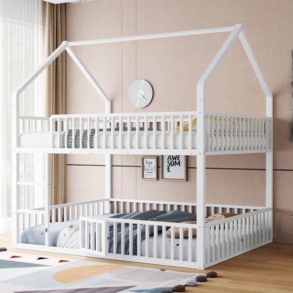Merax Etagenbett (Jugendbett Kinderbett Stockbett, 1-St), Hohbett Metallbett 140x200cm mit Sicherheitsgeländer Leiter Tür & Dach