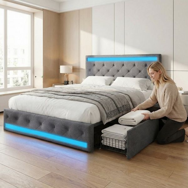 Furnishings Home Polsterbett LED Doppelbett 140x200 cm, Stauraumbett mit Kopfteil und 4 Schubladen (Leinenmaterial Polsterbett mit RGB Beleuchtung), mit Lattenrost und Ladefunktion, mit Komforthöhe, Leises Design Bett