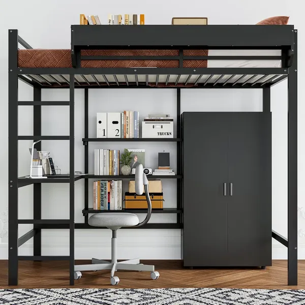Hochbett mit Schreibtisch, Kleiderschrank und Regal, 90x200cm, Metallbett mit Rausfallschutz, Jugendbett, Kinderbett