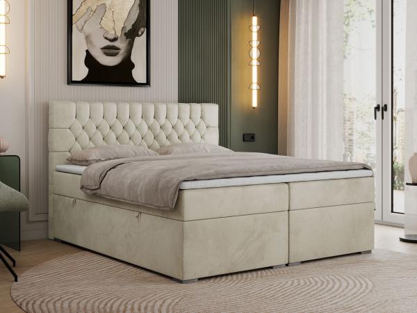 Boxspringbett mit 2 Bettkästen, Matratze und Topper - PERA - 160x200cm - Beige Velours - H3